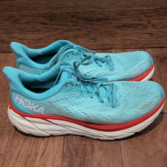 Hoka Clifton 8 Women's Teal and Red Athletic Shoes
